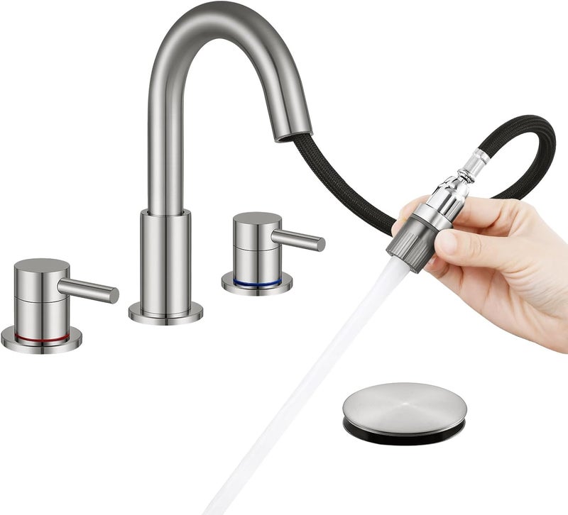IUERASD Brushed Nickel Pull Down Bathroom Faucet 3 Hole with Pop Up Drain, Bathroom Sink Faucet with Pull Down Sprayer 2 Modes, 8 inch Widespread Gold Faucet for Bathroom Sink, 2 Handle Vanity Faucet - Image 1